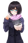  1girl akito1218 bangs baozi black_hair blue_coat blue_eyes blunt_bangs blush closed_mouth coat commentary duffel_coat food glasses highres holding holding_food incoming_food looking_at_viewer original pink_scarf scarf short_hair simple_background sleeves_past_wrists smile solo upper_body white_background 