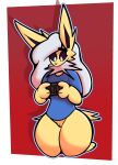  2022 anthro big_ears black_nose blue_clothing blue_shirt blue_topwear bottomless bottomless_female cleft_of_venus clothed clothing digital_media_(artwork) eeveelution eyebrows eyelashes female flat_chested front_view fur gaming genitals hair hi_res holding_object jolteon looking_down nintendo nintendo_switch playing_videogame pok&eacute;mon pok&eacute;mon_(species) pussy shaded shirt simple_background solo thick_thighs topwear topwear_only video_games white_hair wide_hips yellow_body yellow_fur zantanerz_(artist) 