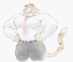  anthro beard clothing dress_pants dress_shirt facial_hair felid happy lifewonders live-a-hero looking_at_viewer male mammal mullet muscular muscular_arms muscular_male necktie open_mouth pantherine ripped-saurian ryekie_(live-a-hero) shirt smile solo tiger tight_clothing topwear video_games 