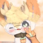  anthro blush choker eyewear fluffy freckles fur fur_markings gesture glasses green_eyes hi_res jewelry looking_at_viewer mammal markings necklace one_eye_closed open_mouth orange_body orange_fur paws simple_background smile snoiifoxxo solo v_sign video_games white_body white_fur yellow_body yellow_fur 