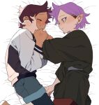  2girls amity_blight black_nails brown_hair couple dayama denim denim_shorts hand_on_another&#039;s_face jacket legwear_under_shorts letterman_jacket light_blush looking_at_another luz_noceda multiple_girls on_bed pointy_ears purple_hair short_hair shorts smile the_owl_house yellow_eyes yuri 