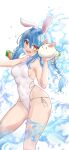  1girl animal_ear_fluff animal_ears bangs blue_hair braid breasts bunny-shaped_pupils carrot_hair_ornament covered_navel don-chan_(usada_pekora) dongchuan food-themed_hair_ornament hair_between_eyes hair_ornament highleg highleg_swimsuit highres hololive long_hair looking_at_viewer medium_breasts multicolored_hair one-piece_swimsuit open_mouth orange_eyes rabbit_ears rabbit_girl revealing_clothes side-tie_swimsuit sideboob solo splashing swimsuit symbol-shaped_pupils thighs twin_braids two-tone_hair usada_pekora virtual_youtuber water wet wet_clothes white_hair 