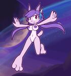  2022 2_horns 3_toes 5_fingers anthro big_breasts big_nipples breasts dragon feet female fingers freedom_planet front_view genitals hair hi_res horn nipples nude outside planet purple_hair purple_horn purple_inner_ear purple_nipples pussy sash_lilac scalie solo space spread_arms toes ultilix video_games 