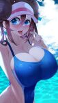  1girl alternate_breast_size arm_at_side bare_shoulders blue_eyes blue_swimsuit blush breasts brown_hair cleavage collarbone double_bun hair_bun highleg highleg_swimsuit huge_breasts looking_at_viewer one-piece_swimsuit open_mouth pointing pointing_at_self pokemon pool rosa_(pokemon) smile solo sumisumii swimsuit tongue tongue_out upper_body visor water wet 
