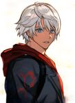  1boy black_coat blue_eyes coat devil_may_cry_(series) devil_may_cry_4 grey_hair hair_between_eyes highres hood hood_down hoodie looking_at_viewer male_focus nero_(devil_may_cry) open_clothes open_coat parted_lips red_hoodie solo upper_body wuliu_heihuo 