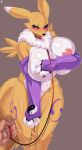 absurd_res anthro areola bandai_namco big_breasts black_sclera blush breasts canid canine digimon digimon_(species) female fur hi_res mammal nipples nude renamon solo white_body white_fur wirberlwind yellow_body yellow_fur 