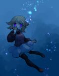  1girl air_bubble black_legwear blonde_hair brown_footwear bubble freediving hand_on_own_face kubimogehina messy_hair plaid plaid_shirt purple_eyes shirt skirt solo submerged thighhighs underwater urotsuki water white_skirt yume_2kki zettai_ryouiki 