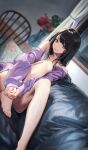  1girl bangs bare_legs barefoot black_hair closed_mouth couch highres jacket knees_up long_hair looking_at_viewer on_couch open_clothes open_jacket original purple_jacket refla sitting smile solo 