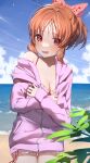  1girl abe_nana absurdres beach bikini bikini_under_clothes blue_sky blush breasts brown_hair cleavage cloud commentary_request day hair_ribbon highres idolmaster idolmaster_cinderella_girls jacket looking_at_viewer medium_breasts ningen_mame ocean open_mouth outdoors pink_jacket pink_ribbon ponytail red_eyes ribbon short_hair sky solo sweatdrop swimsuit thighs wind 