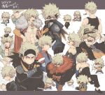  1boy abs animal_ears bag bakugou_katsuki bare_shoulders black_bodysuit black_footwear black_mask black_necktie black_pants black_shirt black_tank_top blonde_hair blood bodysuit boku_no_hero_academia brown_gloves cape chain chibi closed_mouth collar commentary_request crossed_arms dated detached_sleeves eye_mask formal fur-trimmed_cape fur-trimmed_jacket fur_trim gloves goggles goggles_on_head hand_on_own_head higa_drug highres jacket jewelry kemonomimi_mode long_sleeves looking_at_viewer male_focus necklace necktie no_nipples official_alternate_costume open_mouth orange_shirt pants pectorals pout red_collar red_eyes scarf shirt shoes short_hair simple_background sitting spiked_hair suit tank_top topless_male translation_request vest white_background 