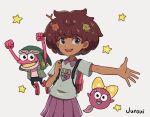  amphibia anne_boonchuy brown_eyes brown_hair commentary_request dark_skin full_body gloves hair_ornament hat highres holding junsui_(omori0310) non-web_source open_mouth polly_plantar ponytail shirt simple_background skirt smile sprig_plantar 