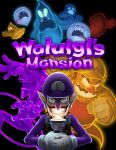  1boy black_background boo_(mario) cover facial_hair gaku_kumatori ghost gloves grin highres holding long_nose long_sleeves looking_at_viewer luigi&#039;s_mansion male_focus mario_(series) mustache pointy_ears purple_headwear simple_background smile video_game_cover waluigi wario white_gloves 