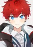  1boy bangs blue_eyes blush child collared_shirt copyright_request dress_shirt earrings highres jacket jewelry looking_at_viewer male_child male_focus monza_(saeumon) portrait red_hair shirt short_hair simple_background single_earring smile solo sweater_vest white_shirt 