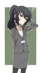  1girl alternate_hairstyle arm_behind_back arm_up bangs black_hair black_legwear blazer brown_eyes closed_mouth commentary commission cosplay cowboy_shot dress_shirt formal frown girls_und_panzer green_background grey_jacket grey_skirt hair_up half-closed_eyes hand_in_own_hair head_tilt highres igarashi_futaba_(shiromanta) igarashi_futaba_(shiromanta)_(cosplay) jacket kayabakoro lanyard long_hair looking_to_the_side miniskirt outline outside_border pantyhose pencil_skirt ponytail reizei_mako senpai_ga_uzai_kouhai_no_hanashi shirt skirt skirt_suit sleepy solo standing suit white_outline white_shirt wing_collar 