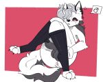  anthro balls butt canid canid_demon canine demon erection fur genitals girly grey_hair hair hellhound helluva_boss hi_res long_socks looking_at_viewer loona_(helluva_boss) lying male mammal on_back penis piercing red_sclera snk_ace solo white_body white_fur 