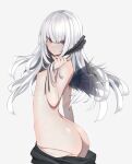  1girl ass bangs breasts closed_mouth cowboy_shot from_side hand_in_own_hair highres long_hair looking_at_viewer nipples red_eyes rozen_maiden simple_background small_breasts solo standing suigintou topless tousen white_background white_hair 