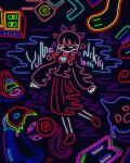  1girl braid closed_eyes copyright_name creature highres kubimogehina madotsuki neon_lights pink_shirt red_footwear red_skirt shirt skirt solo standing string twin_braids yume_nikki 