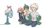  1girl 2boys bangs brown_skirt closed_eyes collarbone collared_shirt danganronpa_(series) danganronpa_2:_goodbye_despair diaper ear_bow galaga green_necktie grey_shirt hair_between_eyes hair_ornament highres hinata_hajime hood hood_down indian_style jacket komaeda_nagito medium_hair monomi_(danganronpa) multiple_boys nanami_chiaki neck_ribbon necktie necktie_removed open_clothes open_jacket open_mouth pants pink_eyes pink_ribbon pleated_skirt print_shirt ribbon seiza shirt short_sleeves sitting skirt sweat sweatdrop thighhighs undressing youko-shima 