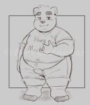  2022 anthro belly big_belly blush bottomwear clothing distracting_watermark hi_res humanoid_hands male mammal mrtuminator overweight overweight_male shirt shorts solo text text_on_clothing text_on_shirt text_on_topwear topwear ursid watermark 