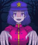  1girl bangs bare_tree breasts cabbie_hat chinese_clothes commentary fingernails hat hat_ornament jiangshi large_breasts licen looking_at_viewer miyako_yoshika neck_ribbon ofuda open_mouth outstretched_arms pale_skin purple_eyes purple_hair purple_headwear red_shirt ribbon sharp_teeth shirt short_hair short_sleeves sky smile solo star_(sky) star_(symbol) star_hat_ornament starry_sky tangzhuang teeth touhou tree zombie_pose 