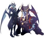  1boy abs blue_skin character_name closed_mouth coat collarbone colored_skin covered_abs covered_collarbone dated demon_wings fingernails hand_in_pocket hand_on_hip head_wings jedah_dohma long_fingernails low_wings male_focus multiple_views osanpogakari purple_coat red_eyes sharp_fingernails standing turtleneck vampire_(game) very_long_fingernails wings 