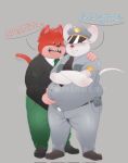  2021 anthro belly belly_grab big_belly black_nose blush bottomwear clothing dialogue distracting_watermark domestic_cat duo english_text felid feline felis goro_(mappy) hat headgear headwear hi_res humanoid_hands male mammal mappy mappy_(character) mouse mrtuminator murid murine necktie overweight overweight_male pants police police_badge police_hat police_officer police_uniform red_body red_nose rodent shiftylook shirt text topwear uniform video_games watermark white_body 
