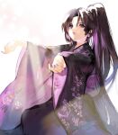  1girl bangs black_hair closed_mouth earrings floral_print furisode gem highres japanese_clothes jewelry kimono long_hair looking_at_viewer nail_polish obi original outstretched_arms parted_bangs ponytail purple_eyes purple_gemstone purple_hair purple_kimono purple_nails purple_theme sash seiza sitting solo sunlight surusuru very_long_hair white_background 