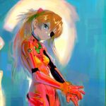  1girl bangs blue_eyes bodysuit breasts closed_mouth cowboy_shot eyepatch hair_between_eyes hair_ornament head_tilt interface_headset juvi_rkgk long_hair looking_at_viewer multicolored_bodysuit multicolored_clothes neon_genesis_evangelion orange_hair own_hands_together plugsuit red_bodysuit small_breasts solo souryuu_asuka_langley twintails 
