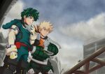  2boys absurdres bakugou_katsuki black_bodysuit blonde_hair bodysuit boku_no_hero_academia building cloud crossed_arms day freckles gloves green_bodysuit green_eyes green_hair highres hood hood_down male_focus midoriya_izuku multiple_boys no_control outdoors red_eyes rubble short_hair spiked_hair standing white_gloves 