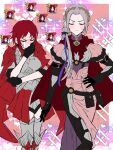  2girls armor armored_dress blush cape closed_eyes cosplay costume_switch covering_mouth crying edelgard_von_hresvelg fire_emblem fire_emblem:_three_houses fire_emblem_warriors:_three_hopes gameplay_mechanics gloves hairband hand_on_hip heart highres kusodekablack monica_von_ochs multiple_girls red_cape red_hair smile so_moe_i&#039;m_gonna_die! spiked_hairband spikes streaming_tears sweatdrop tears white_hair yuri 