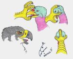  2022 4_toes ambiguous_gender anthro avian avian_caruncle beak bird duo falcon falconid feathers feet galliform grey_body grey_feathers hi_res male male/male multicolored_body multicolored_skin open_beak open_mouth peregrine_falcon phasianid shabnack shabnack_(artist) signature snood_(anatomy) talons toe_play toe_talons toes traditional_media_(artwork) tumeruk turkey 