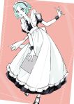  1other :d androgynous apron aqua_eyes aqua_hair bangs clipboard collared_shirt colored_skin dress ears_visible_through_hair high_collar highres holding holding_clipboard holding_pencil houseki_no_kuni lace-trimmed_apron lace_trim leaning_to_the_side maid maid_apron maid_headdress nail_polish necktie nogarenano open_mouth parted_bangs pencil phosphophyllite puffy_short_sleeves puffy_sleeves shirt short_hair short_sleeves smile solo suspenders white_skin wrist_cuffs 