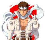  1boy bare_pectorals belt brown_belt brown_eyes brown_hair character_name closed_mouth collarbone cyberbots dated frown headband looking_at_viewer male_focus osanpogakari pectorals saotome_jin scarf solo spikes white_headband white_scarf 