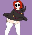  balls belt belt_buckle big_balls big_breasts bottomwear breasts bulge clothed clothing clothing_lift flashing genitals gynomorph hair hoodie humanoid intersex legwear mario_bros mask nat_(riteliso) nintendo pale_skin presenting_bulge red_hair saloonmanx shyguy skirt skirt_lift solo thigh_highs topwear video_games 