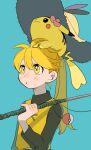  1girl bangs blonde_hair blush blush_stickers commentary_request fishing_rod green_background hatted_pokemon highres holding long_hair momotose_(hzuu_xh4) nose_blush on_head pikachu poke_ball pokemon pokemon_(creature) pokemon_adventures pokemon_on_head ponytail shirt tunic upper_body yellow_(pokemon) yellow_eyes 