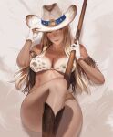  1girl animal_print blonde_hair blush boots breasts brown_eyes cow_print cowboy_boots cowboy_hat cowboy_shot dark-skinned_female dark_skin english_commentary gloves gun hat highres holding holding_gun holding_weapon in_mouth large_breasts long_hair looking_away lying nuker_(nukerdraws) on_back original shadow solo tan thick_thighs thighs weapon white_gloves wide_hips 