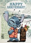  2021 alien aloha_shirt anniversary antennae_(anatomy) anthro biped black_eyes blue_body blue_fur blue_nose bottomless clothed clothing cocktail_garnish container cup disney english_text experiment_(lilo_and_stitch) fur happy head_tuft hi_res lilo_and_stitch narrowed_eyes notched_ear open_mouth open_smile orange_slice pattern_clothing pattern_shirt pattern_topwear paul_briggs shirt smile solo standing stitch_(lilo_and_stitch) straw text tiki tiki_cup topwear tuft 