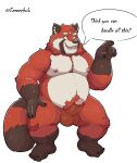  2022 absurd_res ailurid anthro balls belly brown_body dialogue eeveecholo english_text erection genitals hi_res humanoid_genitalia humanoid_hands humanoid_penis male mammal moobs nipples overweight overweight_male penis red_body red_panda simple_background solo text white_background white_body 