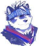  1boy ainu_clothes animal_ears animal_nose chest_hair furry furry_male fuyodo headband horkeu_kamui multicolored_hair portrait short_hair signature smirk snout solo tokyo_afterschool_summoners twitter_username two-tone_fur two-tone_hair white_background white_fur wolf_boy wolf_ears yellow_eyes 