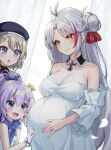  3girls :d :o ashisi azur_lane beret black_headwear blush bracelet cross crown detached_sleeves dress green_eyes grey_hair hair_bun hair_ribbon hat highres iron_cross javelin_(azur_lane) jewelry light_brown_hair long_hair mini_crown multicolored_hair multiple_girls orange_eyes pregnant prinz_eugen_(azur_lane) purple_eyes purple_hair red_hair red_ribbon ribbon ring smile streaked_hair two-tone_hair wedding_band white_dress white_sleeves z23_(azur_lane) 