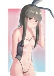  1girl :o animal_ears arms_behind_back bangs black_eyes black_hair blunt_bangs blush breasts commentary_request fake_animal_ears hatsuyuki_(kancolle) highres hime_cut kantai_collection leotard long_hair looking_at_viewer medium_breasts parted_lips playboy_bunny rabbit_ears sakieko see-through see-through_leotard sidelocks simple_background solo translucent_bunnysuit 