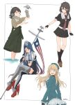  4girls american_flag atago_(kancolle) bangs beret bird black_gloves black_legwear black_serafuku black_skirt blonde_hair blue_hair blue_headwear braid breasts closed_eyes closed_mouth crossed_legs fingerless_gloves flag folded_ponytail gloves green_hakama hair_ornament hakama hat headgear headphones highres holding japanese_clothes kantai_collection kasuga_maru_(kancolle) kneehighs kokko_(014kko) long_hair long_sleeves looking_at_viewer medium_breasts multiple_girls necktie open_mouth pleated_skirt ponytail red_hair rudder_footwear sailor_collar school_uniform serafuku shigure_(kancolle) shigure_kai_ni_(kancolle) simple_background single_braid single_glove sitting skirt south_dakota_(kancolle) symbol-only_commentary taiyou_(kancolle) twitter_username very_long_hair wading water white_sailor_collar 