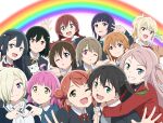  6+girls ahoge asaka_karin bangs black_hair blonde_hair blue_eyes blue_hair blue_jacket braid brown_hair cardigan cat commentary_request dark_green_hair emma_verde freckles gradient_hair green_eyes green_hair grey_eyes grey_hair grin hair_bun hair_ornament hair_ribbon half_updo hanpen_(nijigasaki) high_ponytail highres hood hooded_jacket hug hug_from_behind jacket konoe_kanata long_hair looking_at_viewer love_live! love_live!_nijigasaki_high_school_idol_club medium_hair mia_taylor mifune_shioriko miyashita_ai mole mole_under_eye multicolored_hair multiple_girls nakasu_kasumi nijigasaki_academy_school_uniform official_art one_eye_closed one_side_up orange_cardigan orange_eyes orange_hair ousaka_shizuku pink_eyes pink_hair purple_eyes rainbow red_cardigan ribbon school_uniform short_hair sidelocks single_side_bun smile takasaki_yuu tennouji_rina twin_braids twintails two_side_up uehara_ayumu upper_body v watanabe_keisuke yellow_eyes yuuki_setsuna_(love_live!) zhong_lanzhu 