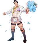  1boy alternate_costume bara biceps black_hair bouquet bulge coat collared_shirt flower gyee highres lee_(gyee) looking_at_viewer male_focus male_underwear manly mature_male mazjojo muscular muscular_male necktie no_pants outstretched_arms pectoral_cleavage pectorals petals rainbow_print shirt shoes smile socks solo spiked_hair spread_arms sunglasses thick_arms thick_eyebrows thick_thighs thighs tight transparent_background transparent_shirt underwear yellow_eyes 