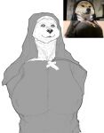  2022 anthro big_breasts breasts canid canine canis clothed clothing cross cross_necklace domestic_dog eyeliner female fully_clothed hi_res huge_breasts jewelry makeup mammal monochrome necklace nipple_outline nun nun_habit nun_outfit obleacream shiba_inu solo spitz 