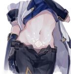  1boy albedo_(genshin_impact) androgynous black_pants chinese_commentary clothes_lift commentary_request genshin_impact highres jacket lower_body male_focus midriff navel pants partially_unbuttoned pascal pubic_tattoo shirt_lift simple_background solo stomach tattoo white_background white_jacket 