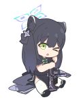  &gt;_o 1girl animal_ear_fluff animal_ears bangs black_dress black_footwear black_hair blue_archive chibi china_dress chinese_clothes dress full_body green_eyes gun hair_between_eyes halo holding holding_gun holding_weapon long_hair nyaru_(nyaru_4126) one_eye_closed open_mouth pelvic_curtain shoe_soles shoes short_sleeves shun_(blue_archive) shun_(small)_(blue_archive) simple_background sitting solo thighhighs twintails weapon weapon_request white_background white_legwear 