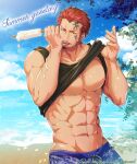  1boy abs bara beach biceps clothes_lift cloud cloudy_sky ear_piercing eye_piercing facial_hair facial_tattoo food hige_kariudoshachi ice_cream large_pectorals licking licking_hand looking_at_viewer male_focus male_swimwear manly mature_male muscular muscular_male navel nipples ocean open_mouth original outdoors pectorals piercing popsicle red_hair shirt_lift sky solo spiked_hair stubble tank_top tattoo tongue tongue_out tongue_piercing tree yellow_eyes 