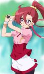  1girl arms_up asymmetrical_bangs bangs black_legwear blurry blurry_background closed_mouth commentary day hair_between_eyes hair_ornament hair_scrunchie hair_up highres holding holding_racket kayabakoro long_hair looking_to_the_side miniskirt outdoors pantyhose pink_shirt ponytail precure purple_eyes racket red_hair scrunchie shirt short_sleeves skirt smile solo sportswear swinging takizawa_asuka tennis_racket tennis_uniform tropical-rouge!_precure white_skirt wristband yellow_scrunchie 