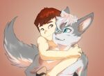  anthro brown_hair canid canine canis duo embrace fur green_eyes grey_body grey_fur hair hi_res hug human male male/male mammal stampmats white_body white_fur wolf 